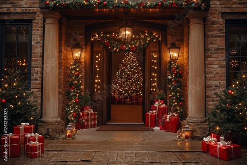 Wallpaper Mural Festive Christmas Front Door Decorated with Lights, Wreaths, and Garlands Leading to an Open Doorway Surrounded by Presents. A Warm and Inviting Holiday Scene with a Lit Tree and Lanterns. Torontodigital.ca