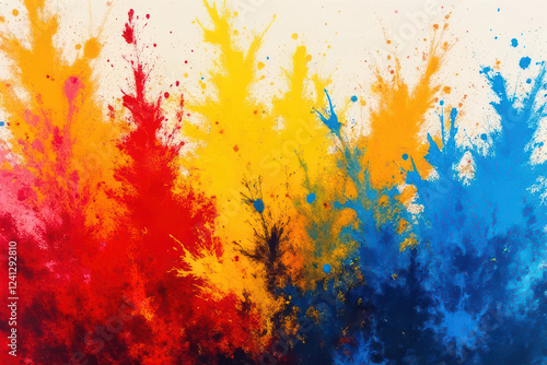 Vibrant abstract explosion of colors in red, yellow, blue, and orange photo