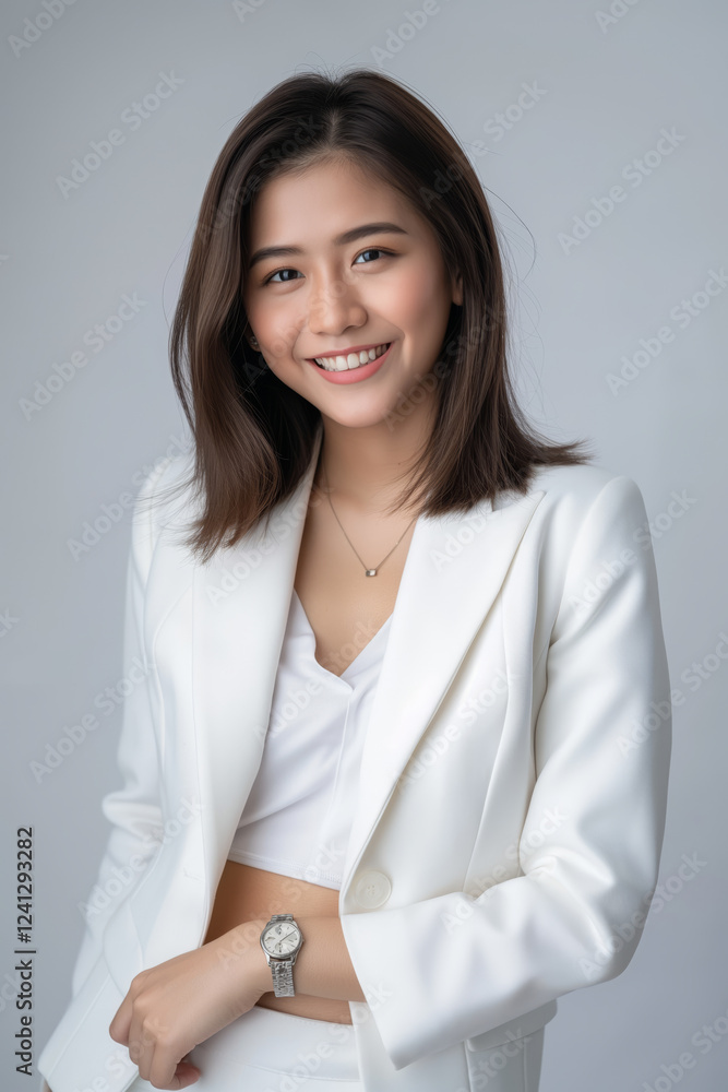 Young Asiatic glamour model in a white jacket and white skirt is smiling and posing for a photo in a studio in front of a white background. Young Asiatic glamour model in a white jacket and white skirt is smiling and posing for a photo in a studio in front of a white background.