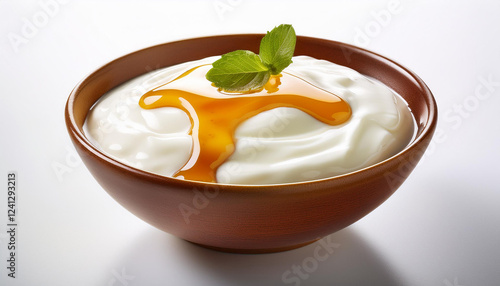 bowl of creamy yogurt with honey drizzle on white history