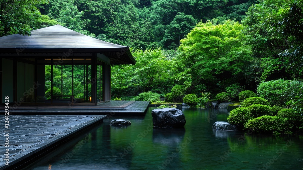 Serene Japanese garden pavilion, lush greenery, tranquil pond Serene Japanese garden pavilion, lush greenery, tranquil pond