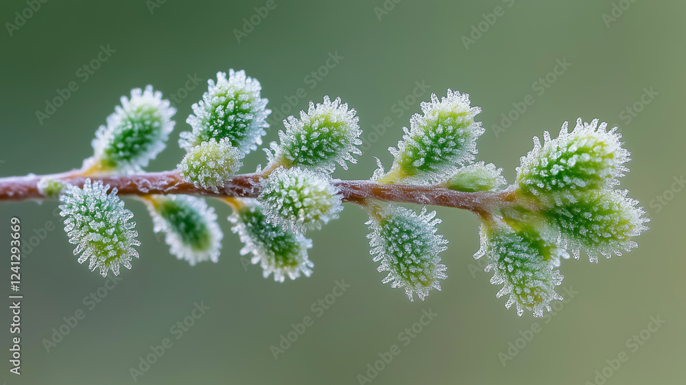 Frost covered green leaves on branch create serene winter scene, showcasing nature beauty and resilience. delicate frost adds magical touch to vibrant greenery Frost covered green leaves on branch create serene winter scene, showcasing nature beauty and resilience. delicate frost adds magical touch to vibrant greenery