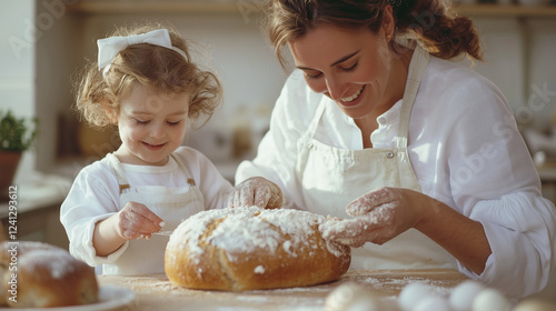 Family Baking Traditional Easter Bread in Kitchen photo