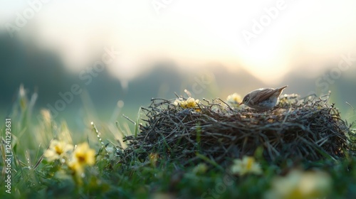 Bird in nest at sunrise, meadow background, nature scene
