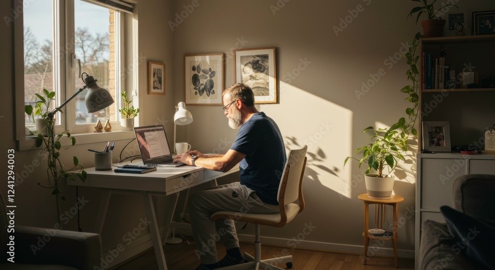 Home Office Sunlight: A man sits at his desk, bathed in warm sunlight streaming through a nearby window, working on his laptop. He's surrounded by houseplants. Home Office Sunlight: A man sits at his desk, bathed in warm sunlight streaming through a nearby window, working on his laptop. He's surrounded by houseplants.