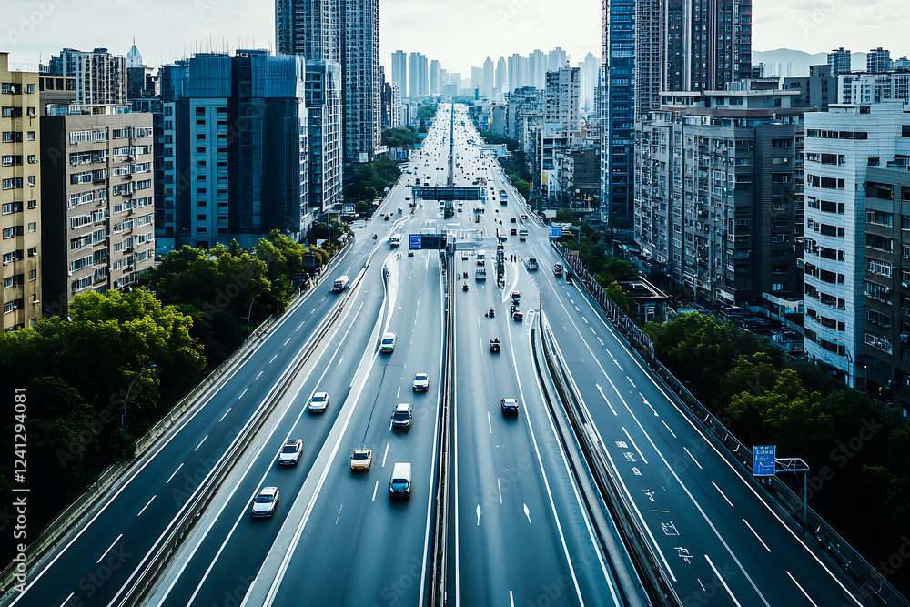 Fototapeta premium Wide Urban Highway with City Buildings – Modern Cityscape View