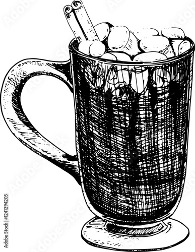 Vector hand drawn outline illustration of hot coffee with marshmallows, cinnamon stick, sprikled with cinnamon in glass mug. Can be used on fabrics and paper products and other.