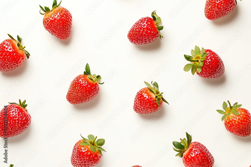 Flat lay of a strawberry pattern on a white background in a minimalist style. perfect for highlighting the natural beauty and appeal of these fruits in design and marketing materials Flat lay of a strawberry pattern on a white background in a minimalist style. perfect for highlighting the natural beauty and appeal of these fruits in design and marketing materials