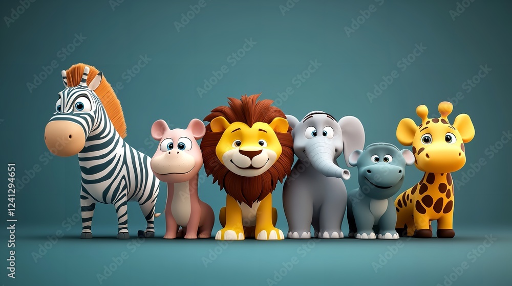 Obraz premium Adorable Cartoon Animal Group in a Simple Setting