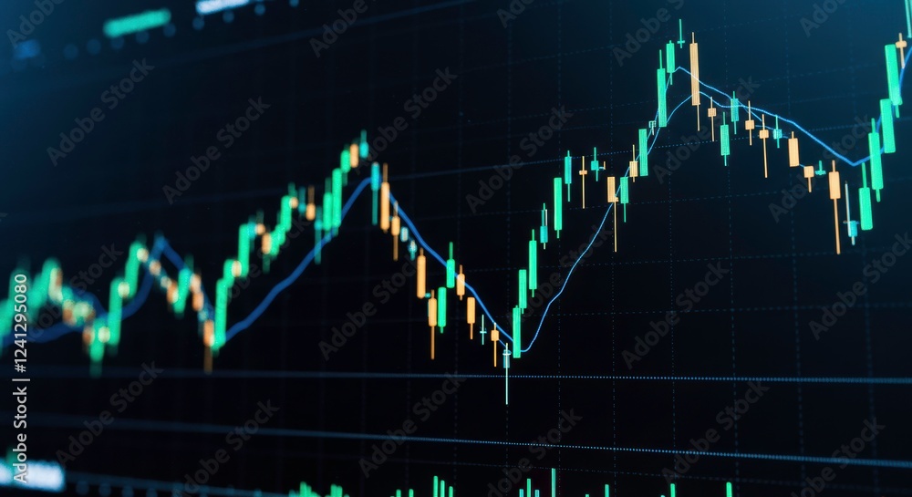 Naklejka premium Stock Market Trend: A dynamic candlestick chart displays a fluctuating stock market trend, capturing the essence of financial investment and market volatility.