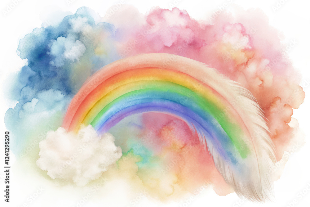 Fototapeta premium Minimalist Abstract Rainbow with Fluffy Pastel Clouds in Creamy White and Soft Blue Shades | Watercolor Illustration