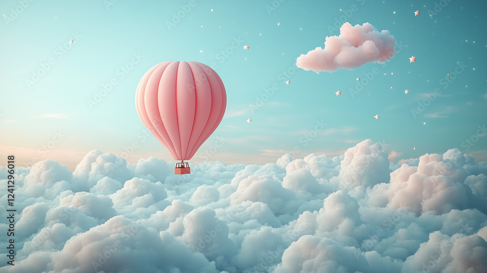 Obraz premium Floating in pastel skies, a pink hot air balloon drifts gracefully above fluffy clouds at dawn