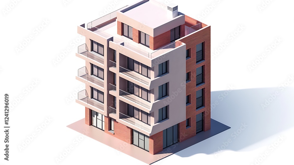 Minimalist isometric elevation of a residential building featuring clean lines, textured walls, and open balconies Minimalist isometric elevation of a residential building featuring clean lines, textured walls, and open balconies