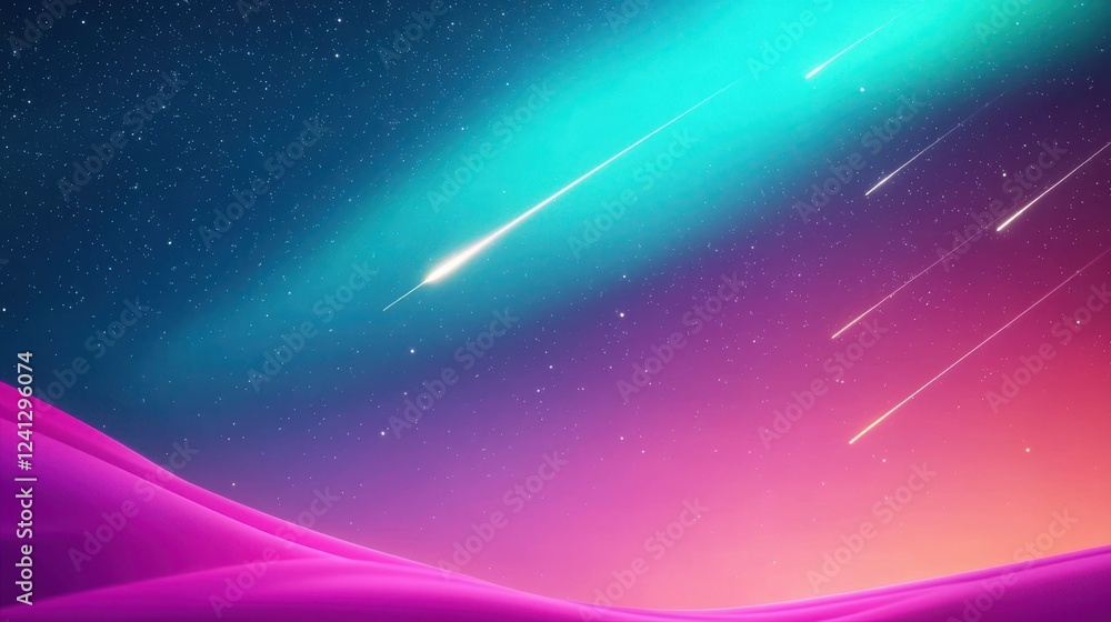 Obraz premium A vibrant digital landscape featuring a starry sky with shooting stars and colorful gradients in shades of blue, pink, and purple.