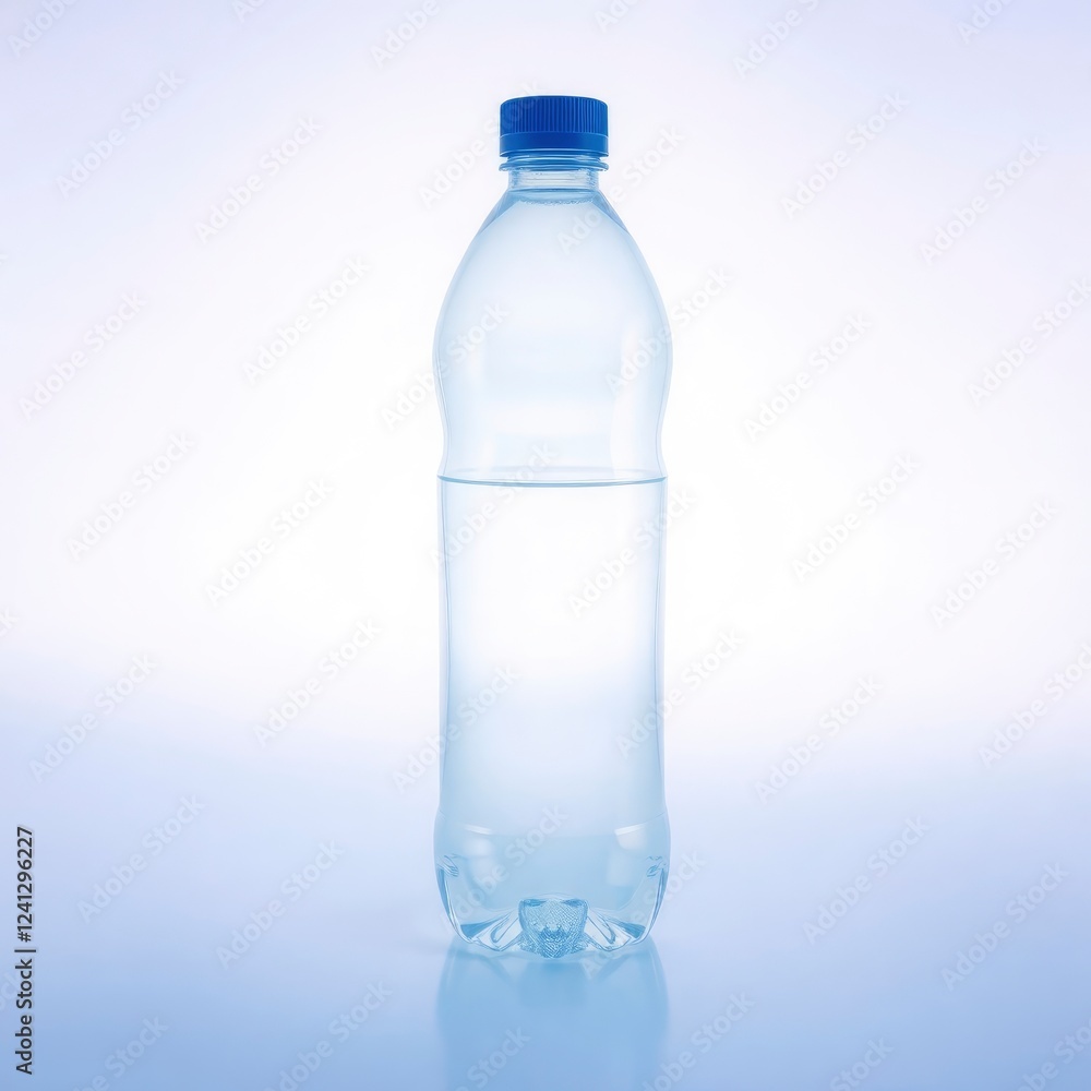 Clean and Refreshing: Clear Plastic Bottle Filled with Water on Reflective Surface Clean and Refreshing: Clear Plastic Bottle Filled with Water on Reflective Surface