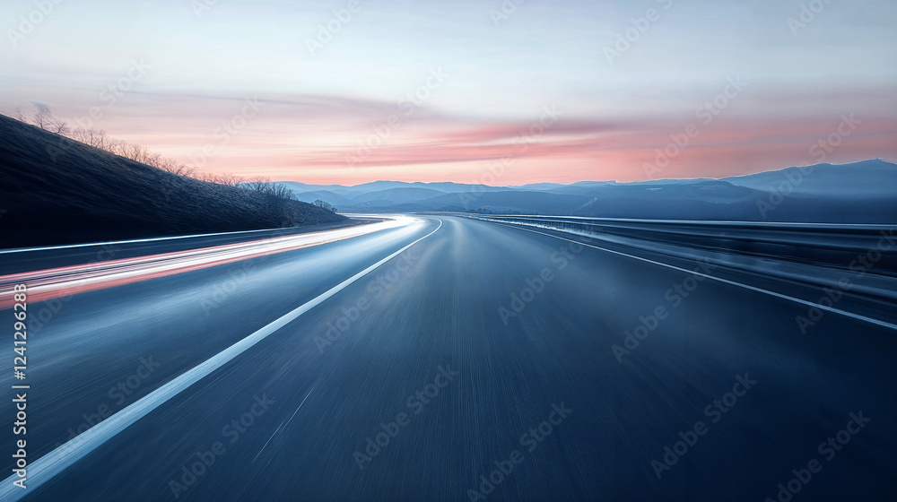 Naklejka premium A Highway Stretching into the Misty Mountains at Sunrise showing motion blue speed