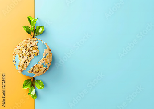 Environmental Impact Deforestation Reduction. Globe made of natural elements on colorful background
 photo