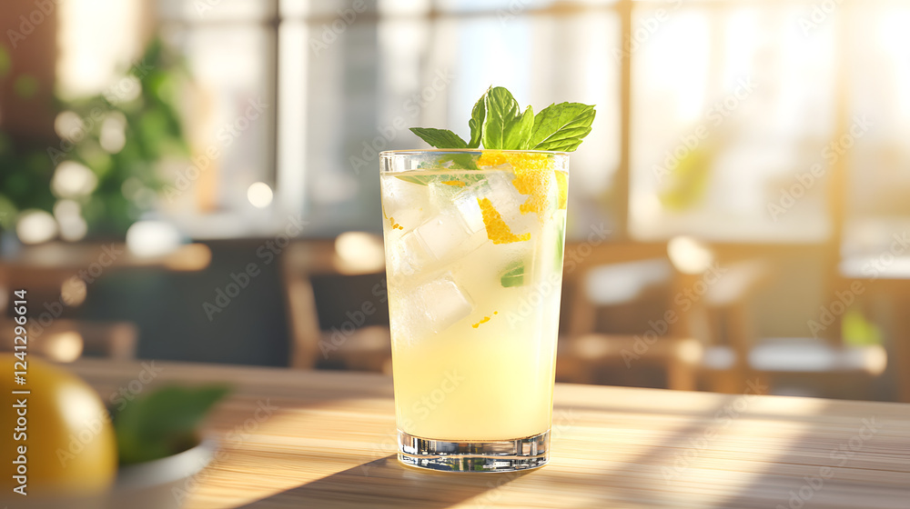 A tall glass of lemon lemonade with ice, lemon zest, and a mint garnish, placed on a wooden table on a bright sunny day. A tall glass of lemon lemonade with ice, lemon zest, and a mint garnish, placed on a wooden table on a bright sunny day.