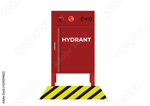 Fire Hydrant Box with yellow mark stripes. A place to store fire extinguishers which generally contain a fire hose, hose rack, hydrant valve and hose Nozzle. Safety poster. Safety Equipment. 