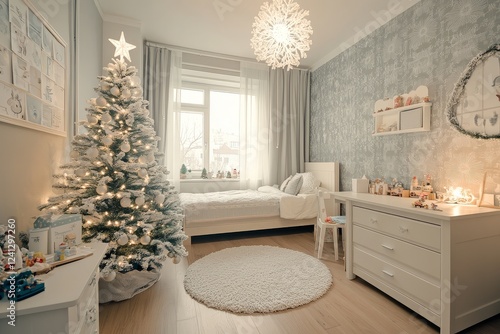 Modern Children's Room with Christmas Tree and White Furniture. Featuring a Wooden Floor, Patterned Gray Wallpaper, and Toys Scattered Around in a Light-Filled Space.
