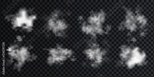 Fog or smoke set isolated on black background. White cloudiness, mist or smog background.