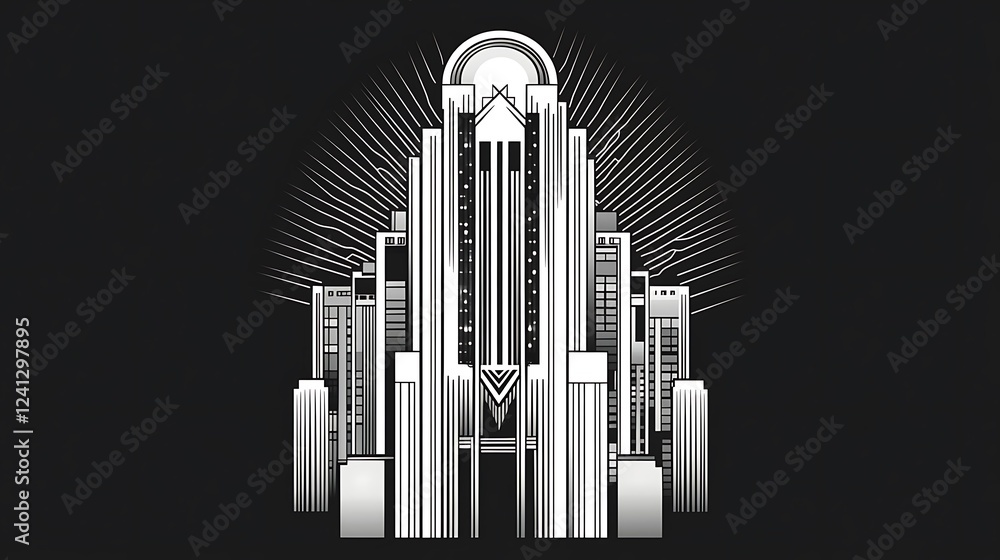 Obraz premium Art Deco Cityscape; Architectural Illustration; Monochrome; Graphic Design; Background Image