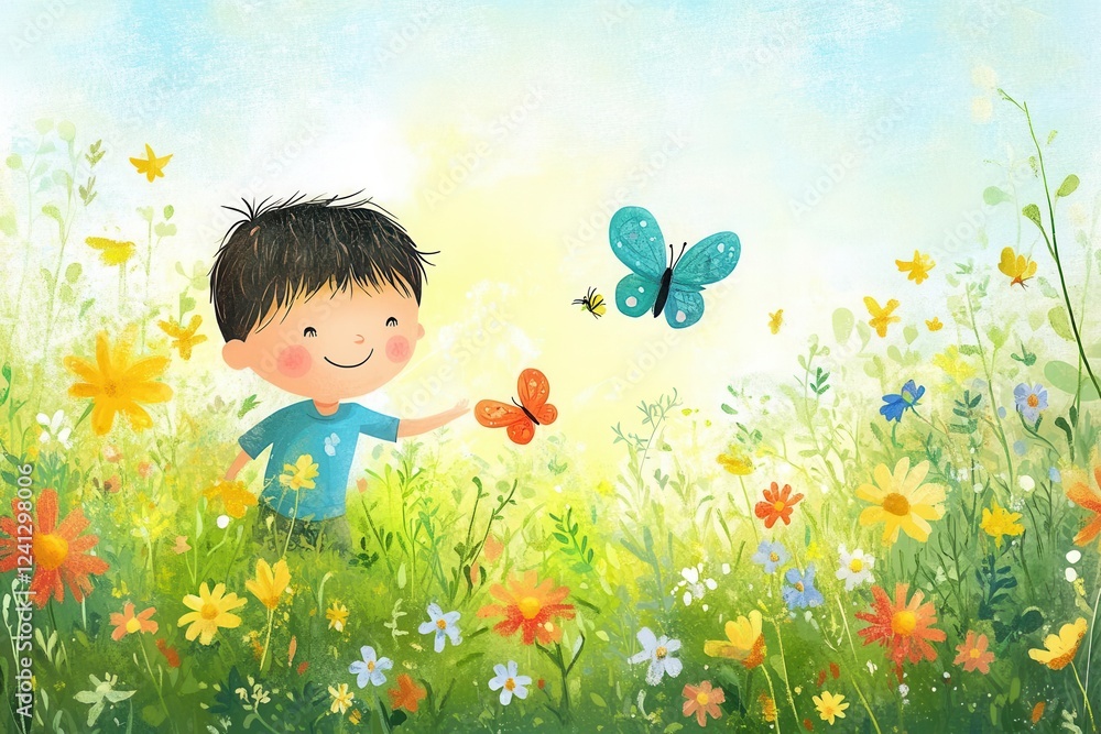 whimsical illustration of a young boy in simple shapes and colors, playing in a sunny meadow with butterflies and flowers
