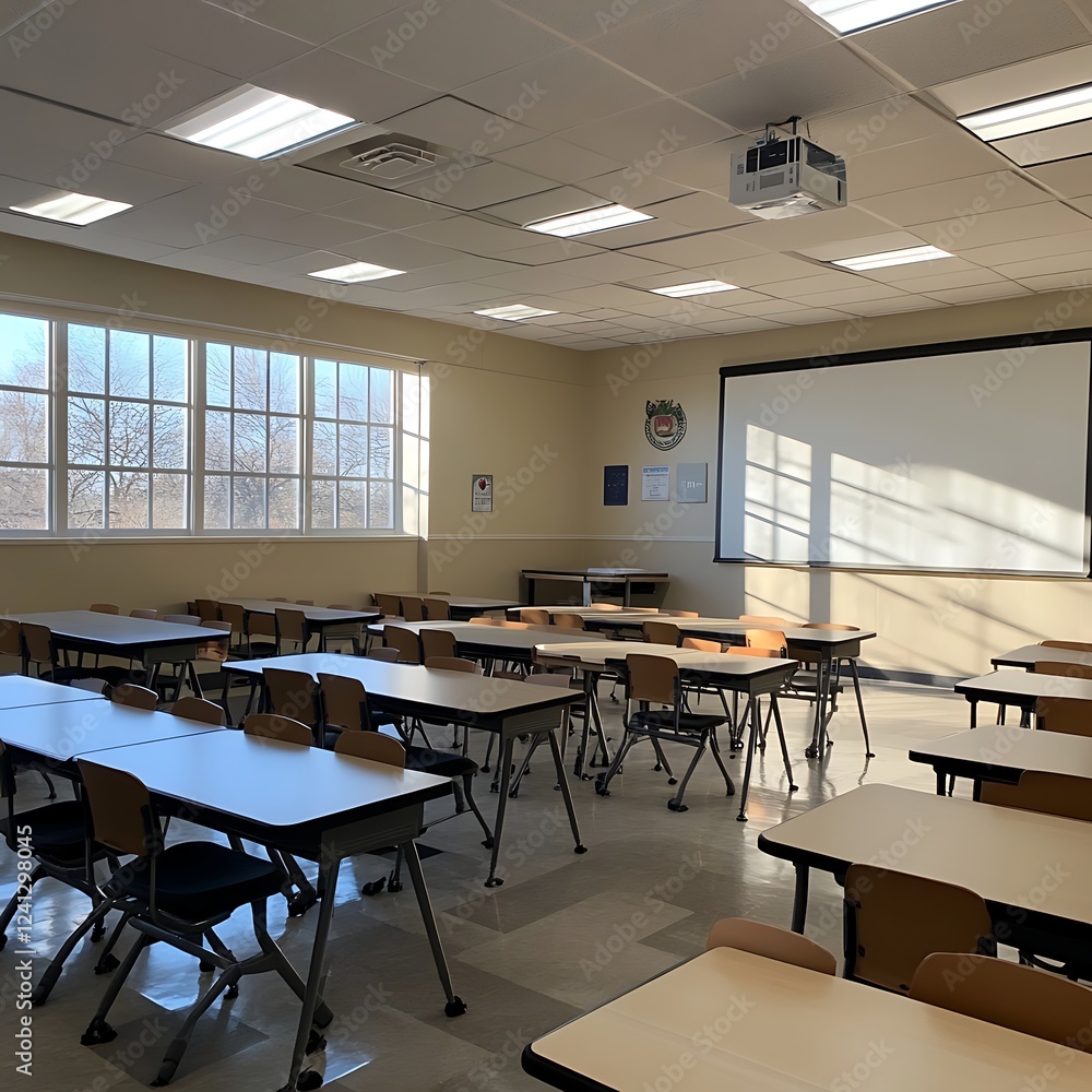 Bright modern classroom interior cheerful learning space well lit colorful inviting decor Bright modern classroom interior cheerful learning space well lit colorful inviting decor