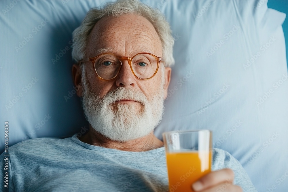 An elderly Caucasian man with glasses holding a glass of orange juice in bed, exuding a calm and contemplative mood. Nourishing Recovery, Revitalizing Break An elderly Caucasian man with glasses holding a glass of orange juice in bed, exuding a calm and contemplative mood. Nourishing Recovery, Revitalizing Break