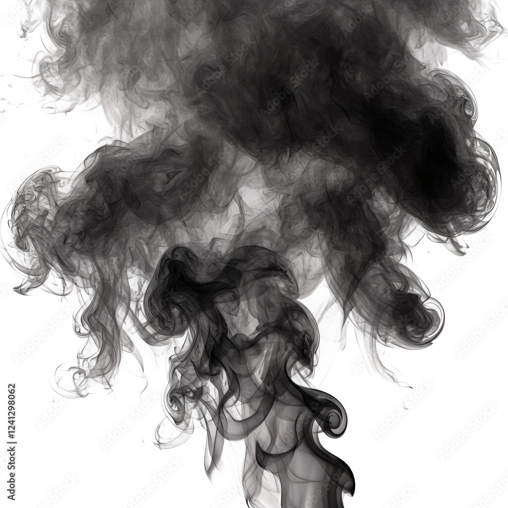 Fototapeta premium Dark swirling smoky wisps with ethereal tendrils rising upwards against a stark white background, concept for mysterious abstract design, dramatic visual effects and atmospheric backgrounds