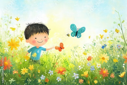 Obraz na płótnie whimsical illustration of a young boy in simple shapes and colors, playing in a sunny meadow with butterflies and flowers w salonie