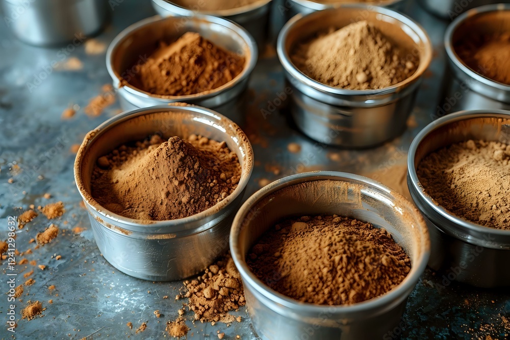 Various aromatic spice powders in metal containers on dark blue textured surface, close up view of cinnamon, cocoa and other brown ground seasonings. Various aromatic spice powders in metal containers on dark blue textured surface, close up view of cinnamon, cocoa and other brown ground seasonings.