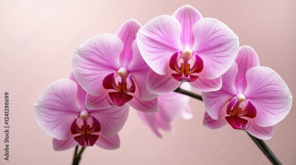 A vibrant cluster of freshly bloomed orchids against a soft background A vibrant cluster of freshly bloomed orchids against a soft background
