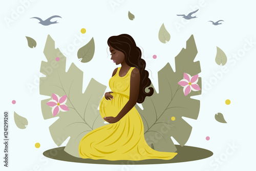 Vector illustration of pregnant woman in yellow dress