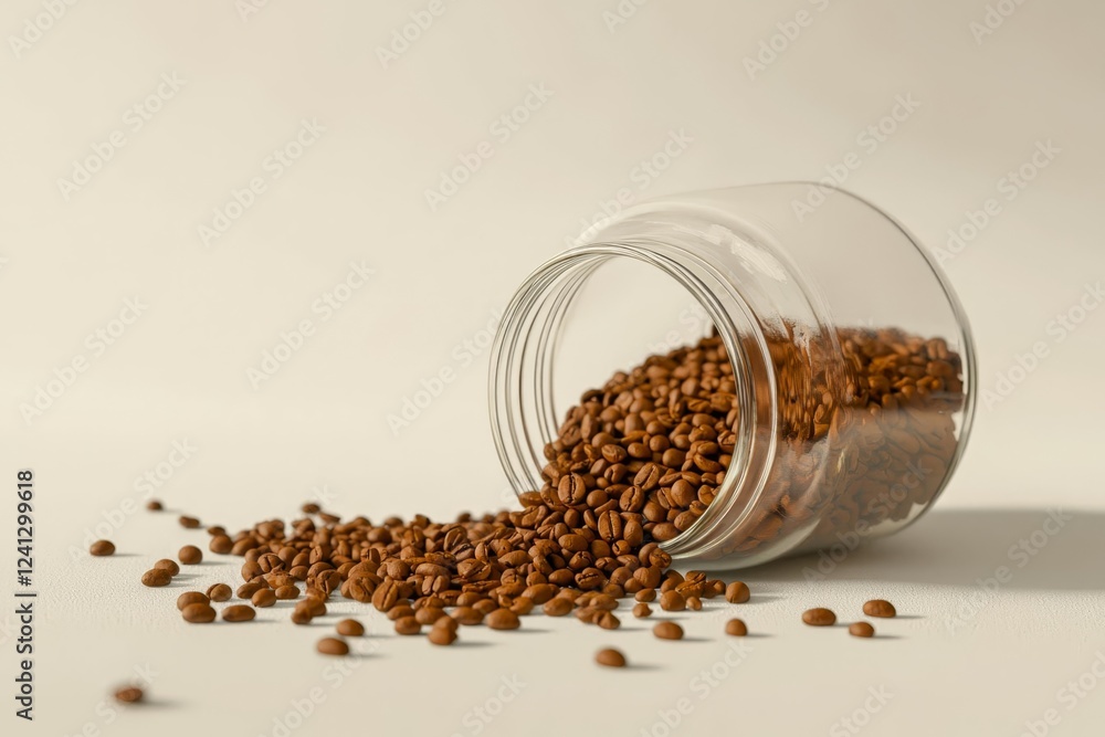 Spilled coffee beans from glass jar. Spilled coffee beans from glass jar.