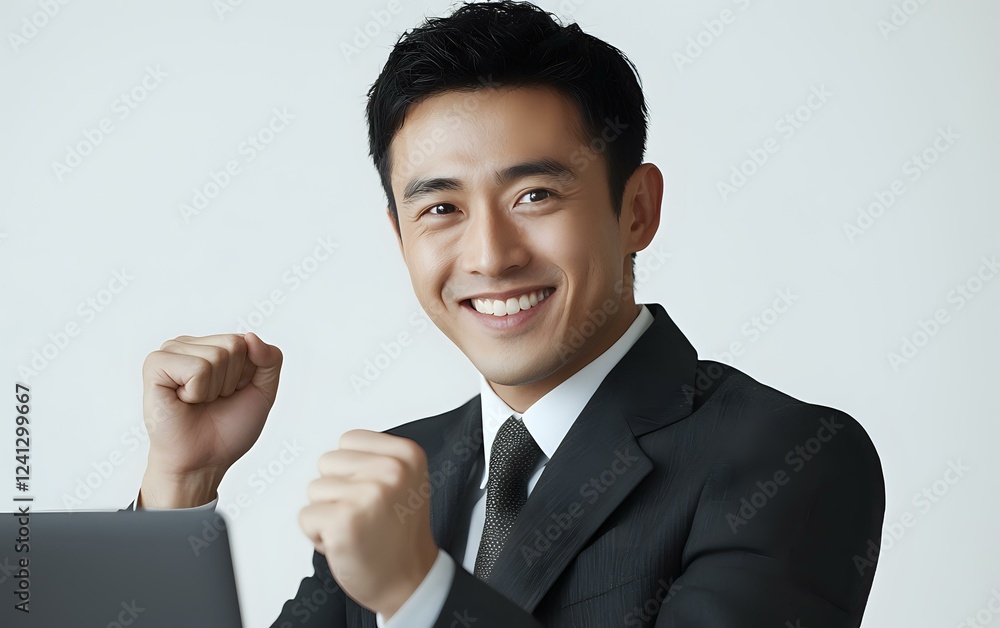 Young Asian businessman in black suit celebrating success with raised fists, showing excitement and achievement against light background. Young Asian businessman in black suit celebrating success with raised fists, showing excitement and achievement against light background.