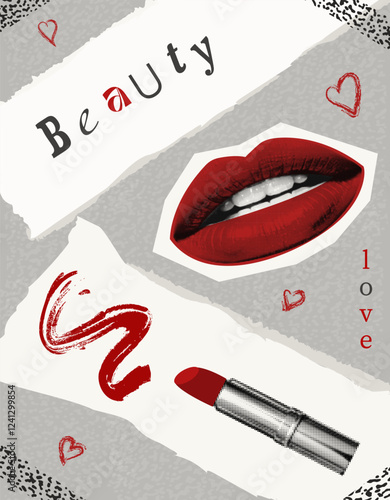 collage beauty red lips halftone