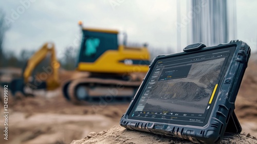Construction site with heavy machinery and a tablet displaying site plans amidst a cloudy sky