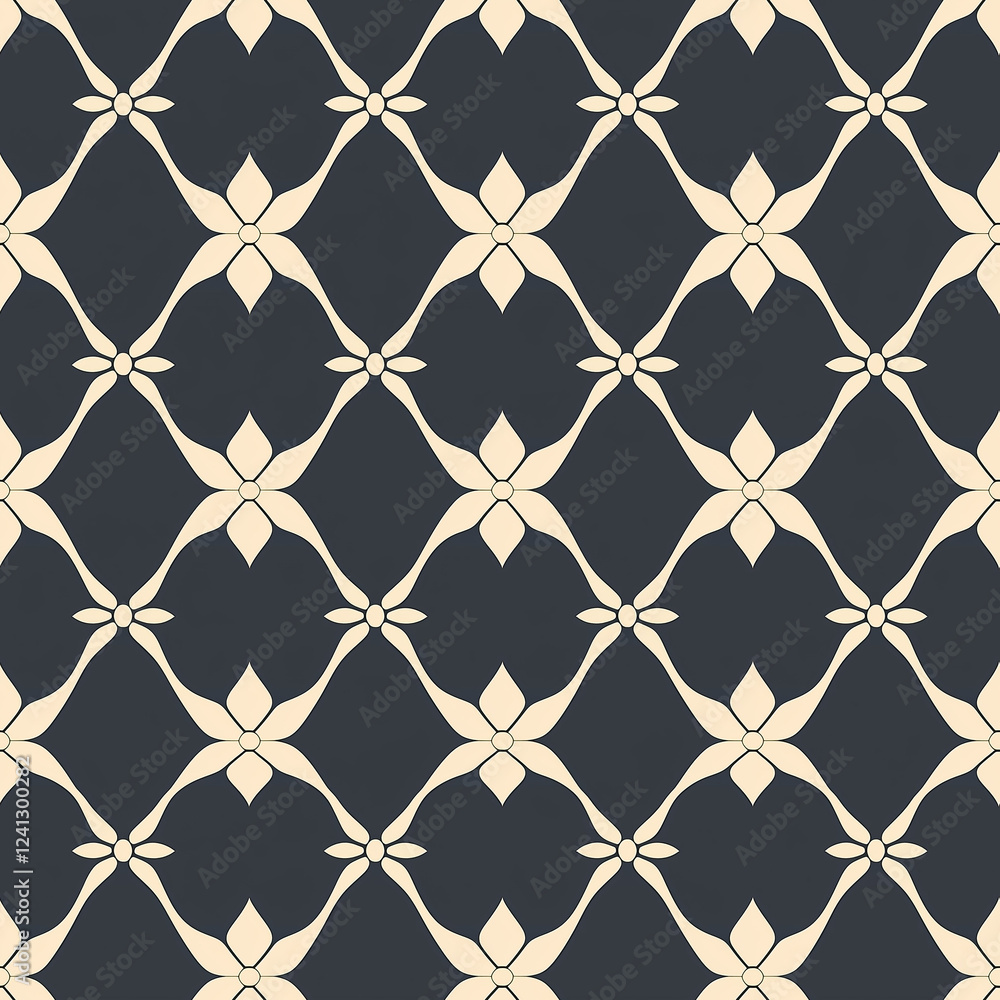 Fototapeta premium Elegant floral pattern with a dark background, featuring a repetitive diamond layout and light-colored elements, perfect for textiles or wallpaper design.