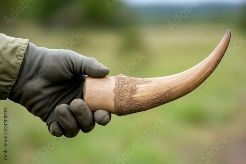 A gloved hand holds a rhinoceros horn, the base is rough and textured, the tip smooth and pointed. photo