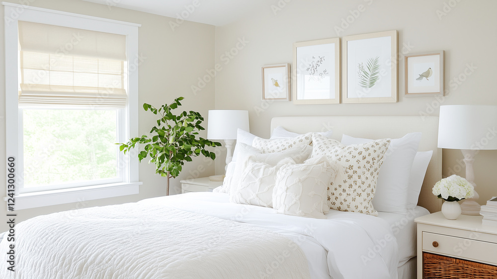 serene bedroom featuring cozy bed adorned with decorative pillows, leafy plant, and framed botanical art on wall, creating calming atmosphere serene bedroom featuring cozy bed adorned with decorative pillows, leafy plant, and framed botanical art on wall, creating calming atmosphere