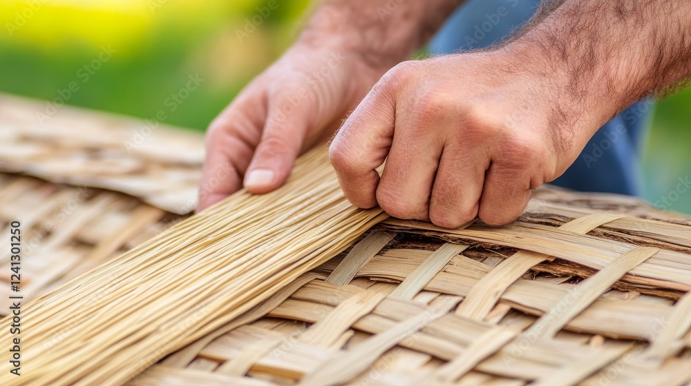 Skilled artisan weaving natural fibers into a traditional basket, showcasing craftsmanship outdoors Skilled artisan weaving natural fibers into a traditional basket, showcasing craftsmanship outdoors