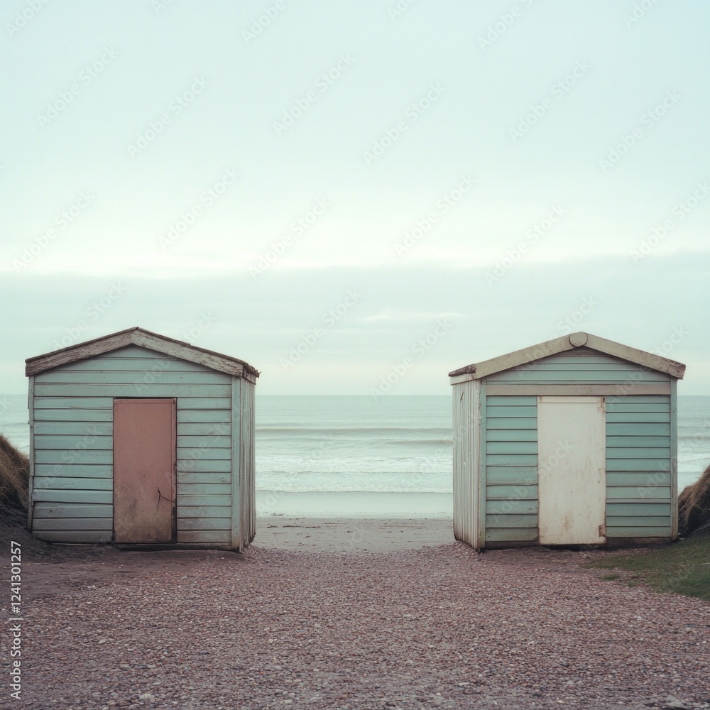Serene beachfront huts at dawn with calm ocean view and overcast sky Serene beachfront huts at dawn with calm ocean view and overcast sky