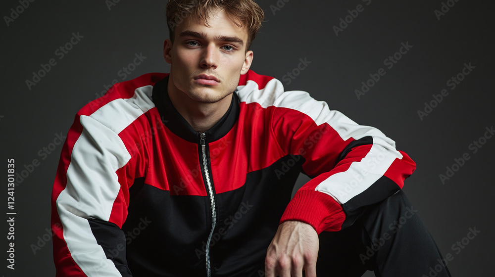Portrait studio shot of a handsome and attractive young male model wearing a red, black and white tracksuit, looking at the camera with neutral face expression. caucasian man sitting, guy posing. Portrait studio shot of a handsome and attractive young male model wearing a red, black and white tracksuit, looking at the camera with neutral face expression. caucasian man sitting, guy posing.