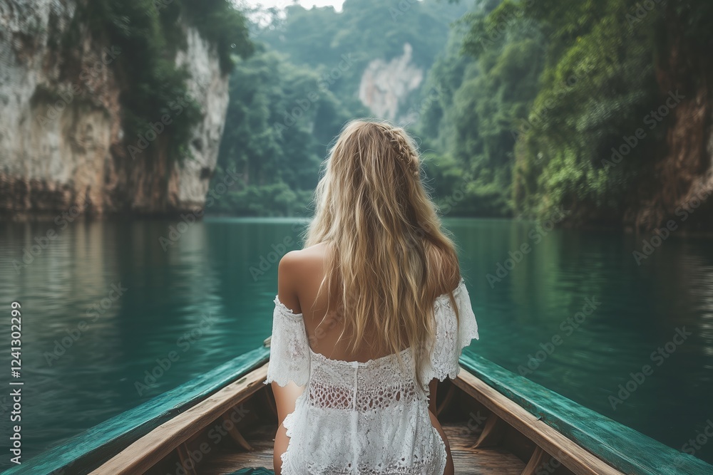 Fototapeta premium Summer Serenity A Journey into Natures Embrace on a Beautiful and Scenic Lake Where the Sun Shines Brightly and the Atmosphere is Filled with Tranquility and Peace, Perfect for Relaxation