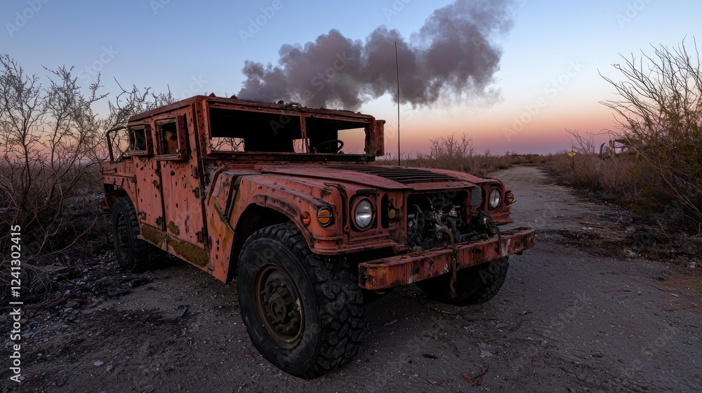Abandoned military vehicle emitting smoke at dusk, surrounded by overgrown vegetation and a fading sky Abandoned military vehicle emitting smoke at dusk, surrounded by overgrown vegetation and a fading sky