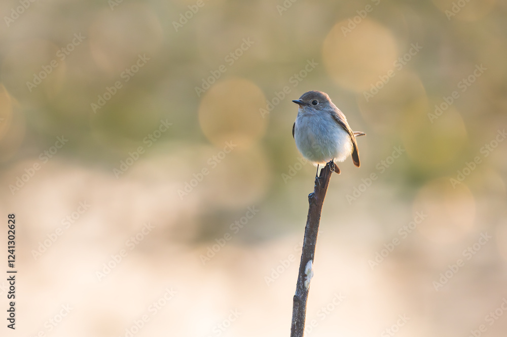 Naklejka premium Asian Brown Flycatcher ( Muscicapa dauurica ) perched on the branch of tree on morning time and sunrise light bokeh background in the garden park.Wildlife small bird outdoor concept.