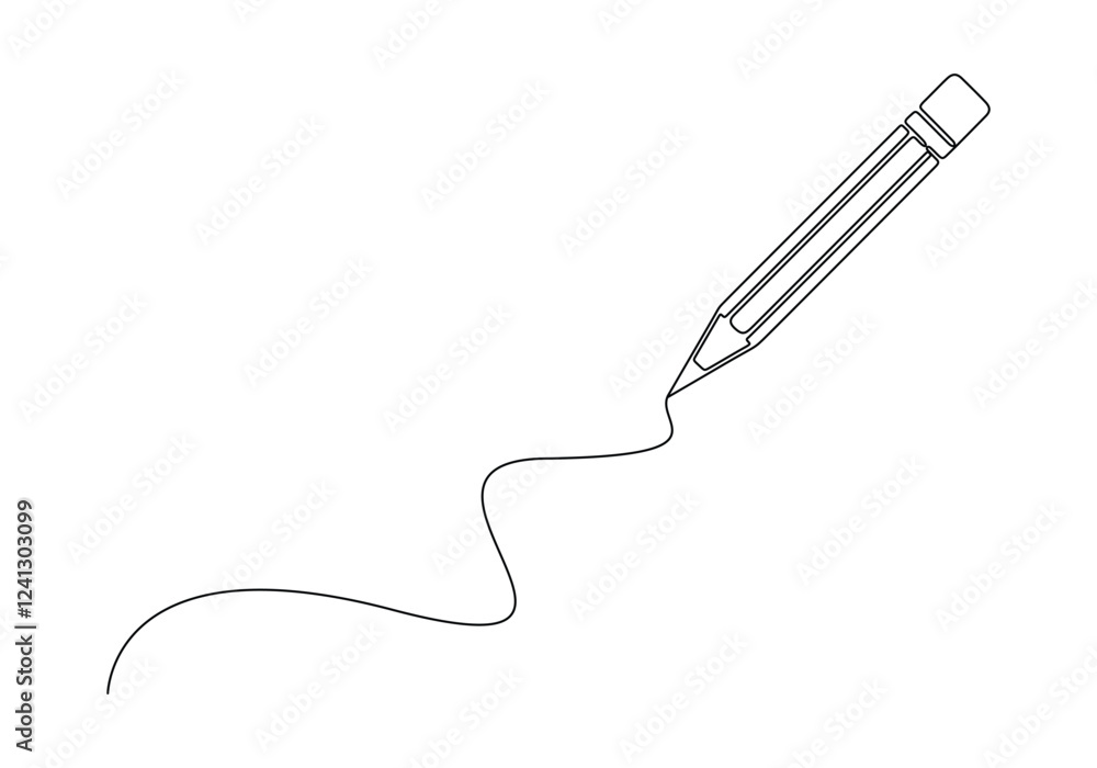 Continuous one line drawing wooden pencil for writing on paper book. Back to school or college concept. Education knowledge learning for all. Modern continuous line draw design graphic illustration Continuous one line drawing wooden pencil for writing on paper book. Back to school or college concept. Education knowledge learning for all. Modern continuous line draw design graphic illustration