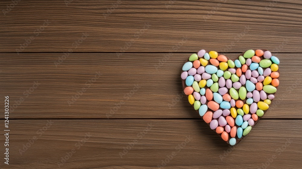 A chocolate heart shape covered in colorful candy on a wooden background, providing a festive feel. A chocolate heart shape covered in colorful candy on a wooden background, providing a festive feel.