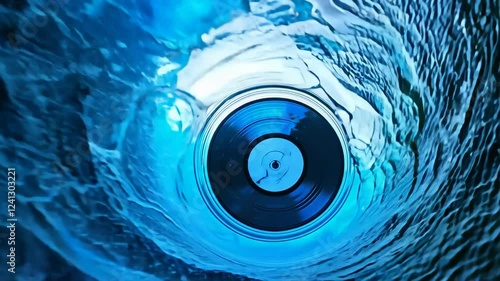 Close-up of a vinyl record submerged in water, creating an abstract blue pattern.